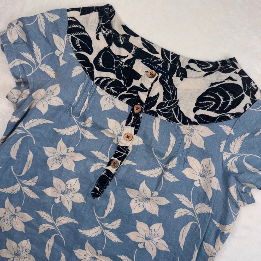 Gap Dress Women 6 Blue Floral Linen Henley Shift Contrast Trim Short Sleeve